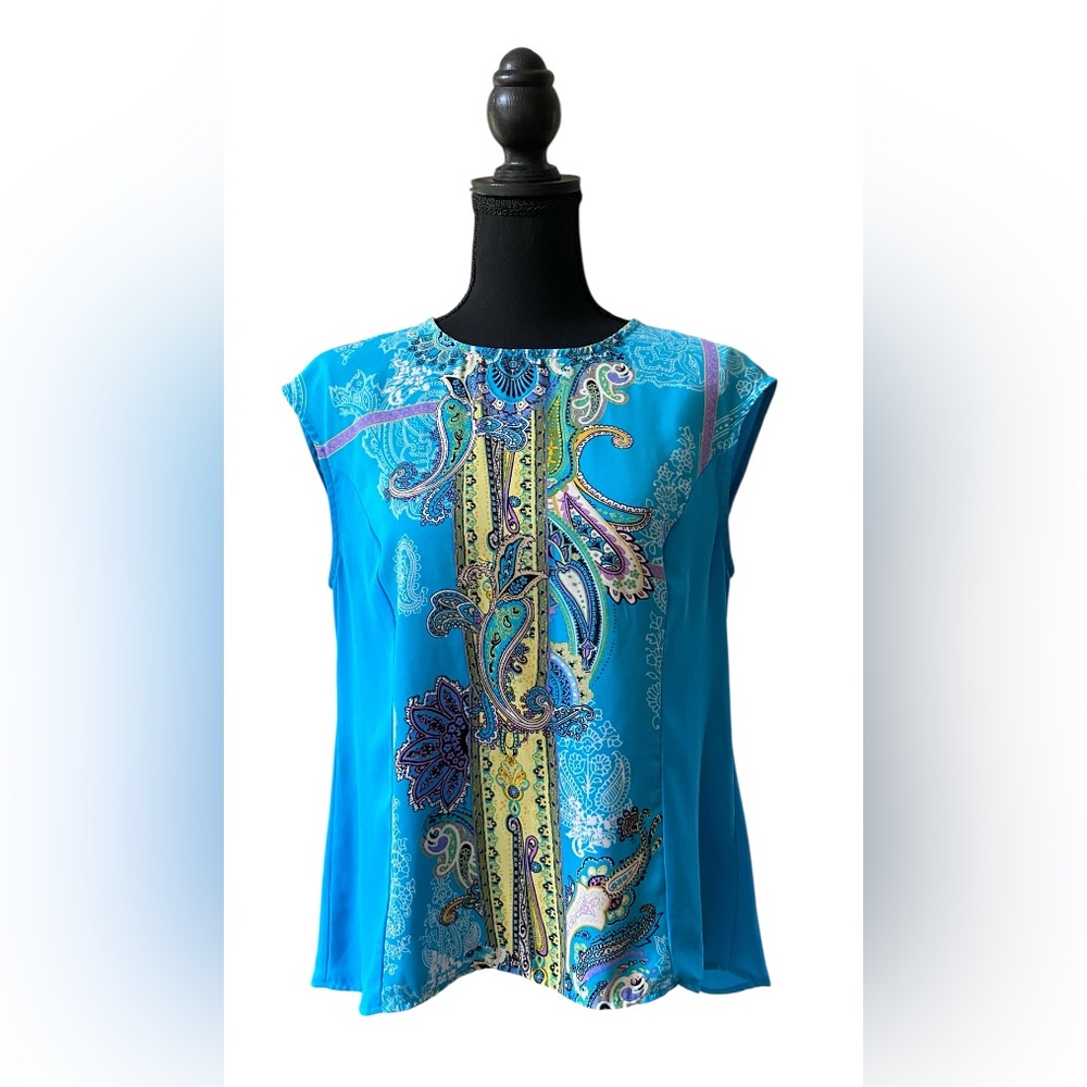New York and Company: Vibrant Blue Paisley Women's Blouse with Button Up Back